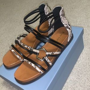 Women’s sandals. Black, white, python print